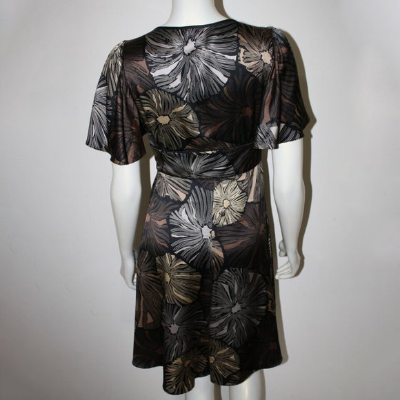 Vintage 90’s Betsey Johnson Silk Floral BLACK GOLD SILVER Flutter Sleeve Dress - Picture 9 of 10